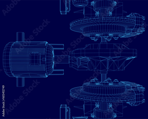 A 3D model of a gearbox with intricate wireframe details, highlighting internal components and mechanical design, including an electric motor. The technical blueprint features precise engineering.