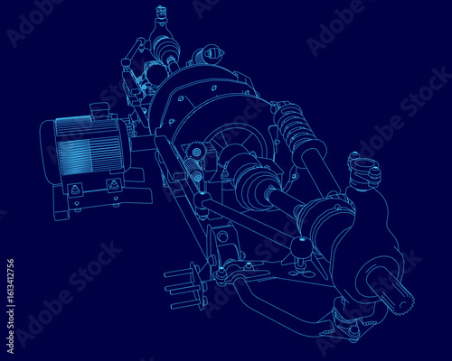 A detailed blueprint of an electric car motor with precise contour lines, showcasing internal components and mechanical design. The technical illustration features a clean blue background.