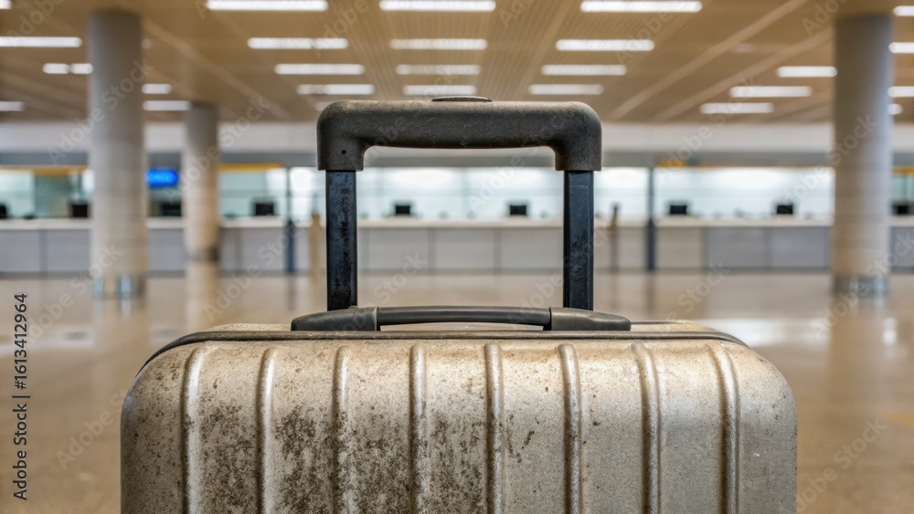 Fototapeta premium A suitcase stands in an empty airport terminal, showcasing travel readiness and minimalistic design against a modern backdrop.