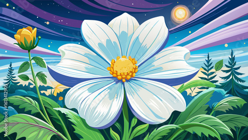 White cosmos blossom design for summer travel and nature scenes captures purity beneath bright skies. In semi-realistic vector style, each petal glows with soft light and gentle movement.