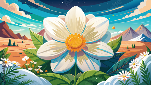 White cosmos blossom design for summer travel and nature scenes captures purity beneath bright skies. In semi-realistic vector style, each petal glows with soft light and gentle movement.