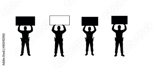 Silhouette of Worker Holding Protest Sign for Labour Day or May Day Set