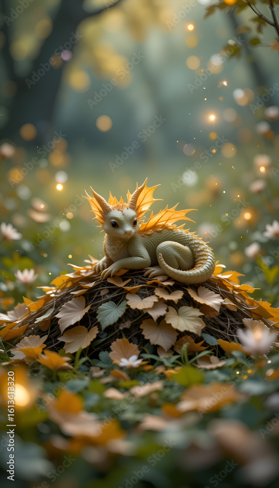 Fototapeta premium Autumnal Haven: A Tiny Dragon Resting on a Bed of Fall Leaves