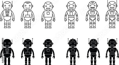 Retro robot character silhouettes set, vintage droid icons in outline and solid styles, cartoon AI machines vector collection