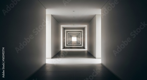 A long hallway with repeating doorway frames receding into the distance with bright light at the end
