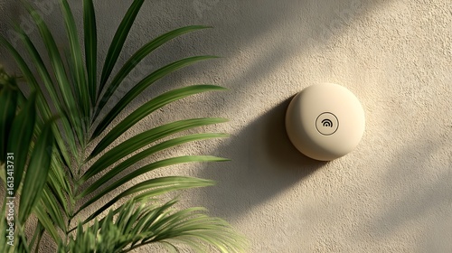 Wireless access point mounted on a beige wall with lush greenery.