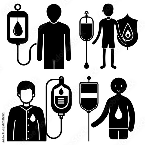 Collection of donation and blood transfusion icons showing various methods and representations of the process