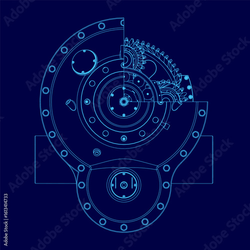 A mechanical gear blueprint features intricate cogs and gears against a vibrant blue background. The detailed contour highlights precision engineering, resembling components of a gearbox or turbine.