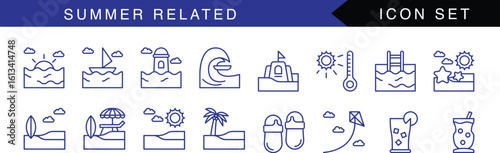 Big summer vacations icon set. Vector thin line illustrations with objects, activities, and places related to traveling, tourism, outdoors in the beach and mountain, camping, resorts, and hotels.