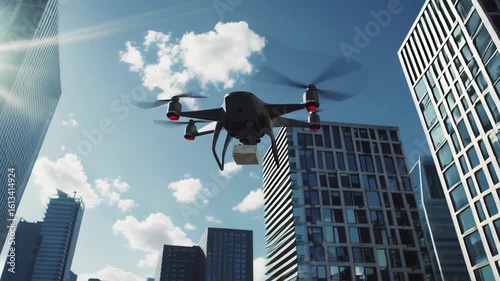 A drone flies through a cityscape, delivering a package amidst modern skyscrapers. The blue sky and sunlight highlight the advanced technology and efficiency of urban aerial delivery systems.