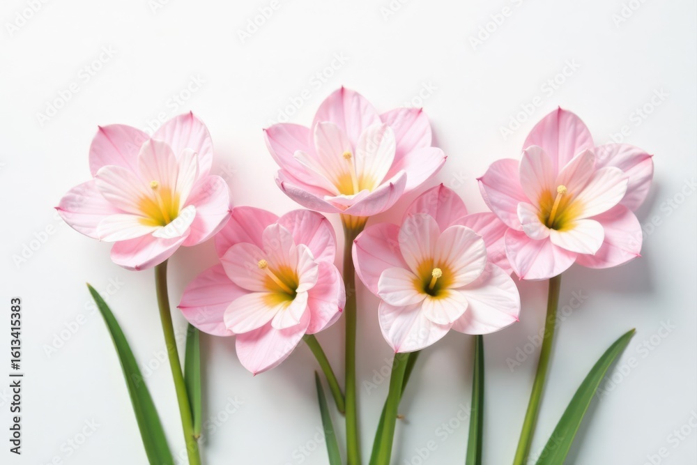 Fototapeta premium Delicate freesia blossoms arranged on pristine white , yellow, wedding, bloom