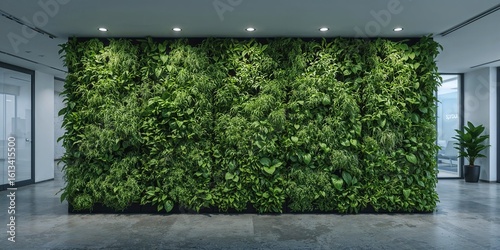 A lush green living wall in a modern office space with natural light and a sleek design aesthetic
