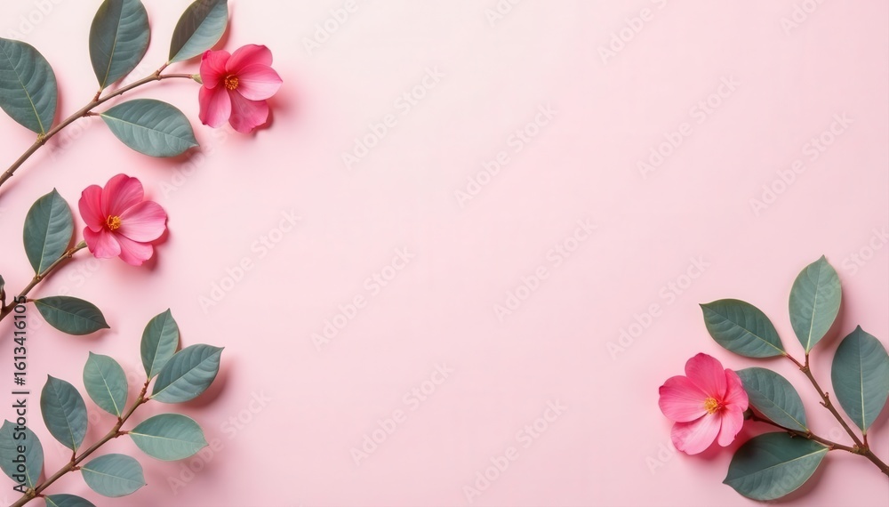 Fototapeta premium Pastel pink backdrop featuring a stylish eucalyptus branch and leaf pattern Ideal for banners and cards , pattern, artwork