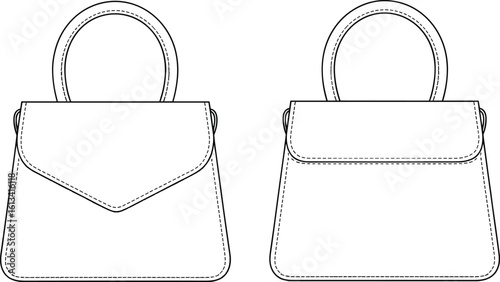 Women's Fashion Blank Technical Sketch, Top Handle Handbag Design Template, Flap Closure Shoulder Bag Mockup, Front and Back View, Accessories Illustration, Customizable Vector on White Background.