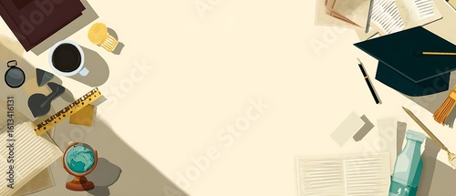 Scholars desk top view illustration
