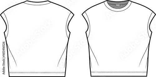 Flat sketch of sleeveless cropped t-shirt with binding neck, front and back view, technical drawing for fashion design, vector template, casual wear style

.