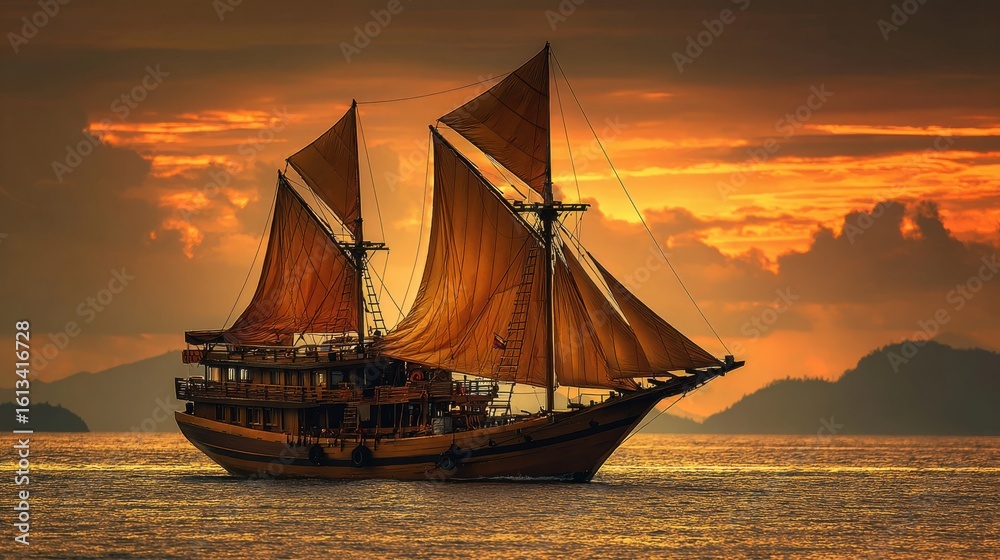 Fototapeta premium Wooden Sailboat at Sunset