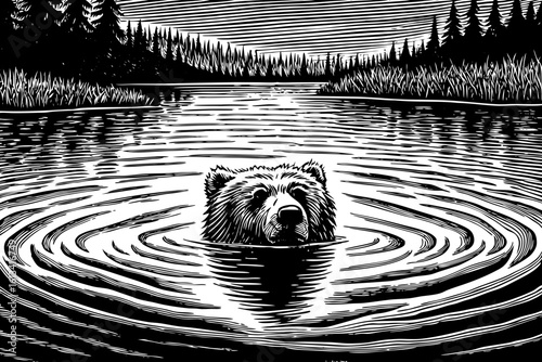 A bear swimming in a calm lake with ripples around and its head above water, eyes alert in a black and white line art illustration