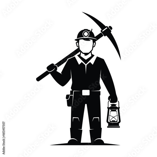 Illustration of a coal miner with a pickaxe and lantern isolated on white background