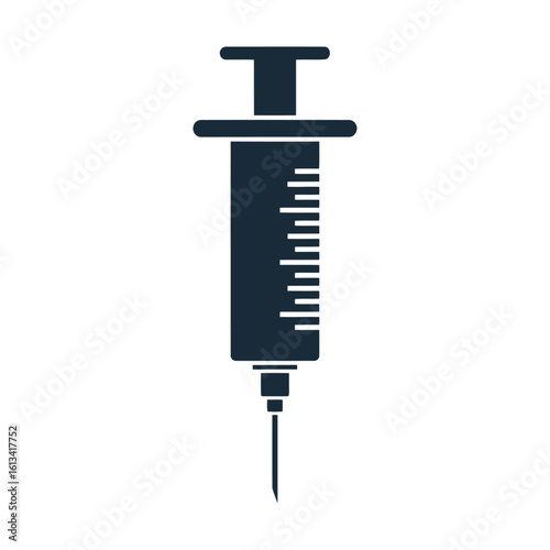 Illustration of a dark blue syringe is isolated on white background, ready for injection