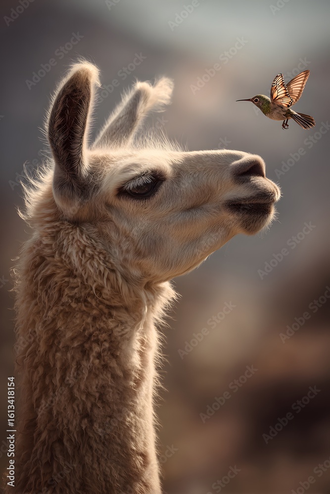 Obraz premium Llama and Hummingbird with Butterfly Wings