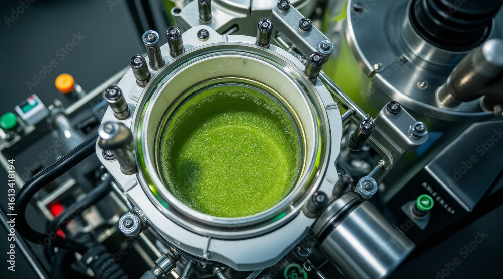 Fototapeta premium Biodiesel processing bioreactor with green liquid, showcasing advanced technology and precision in biofuel production