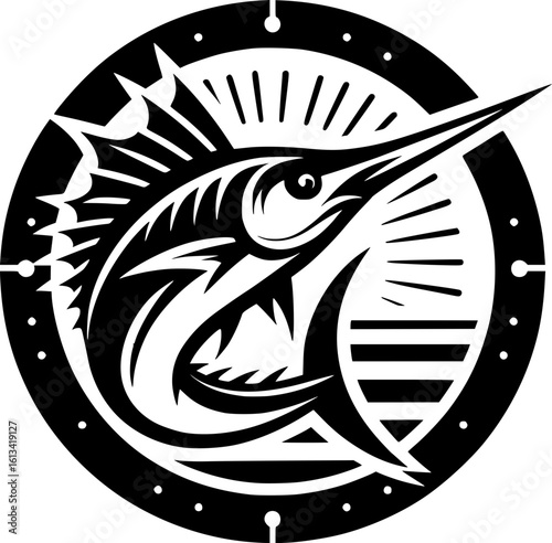 Minimalist black and white swordfish icon with clean lines. Geometric and modern style. Ideal for logos, stickers, or digital use. Scalable design.