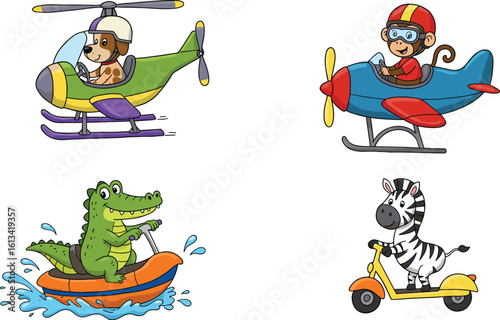 Cartoon animals driving vehicles, fun animal transport illustration, zebra on scooter, dog in helicopter, crocodile jet ski, monkey flying plane, kids cartoon art
