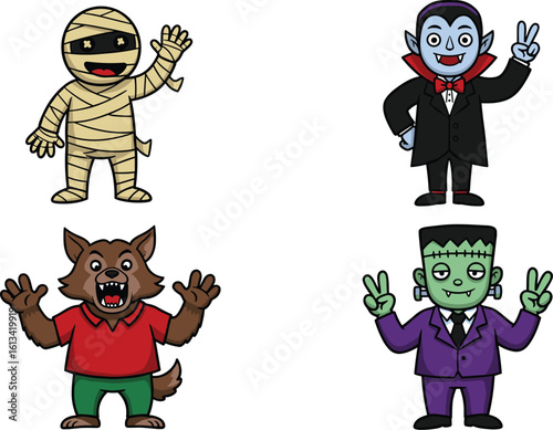 Cartoon Halloween monsters, mummy, vampire, werewolf, Frankenstein, cute spooky characters, scary costumes, kids Halloween illustration, vector art, horror cartoon, Halloween fun.