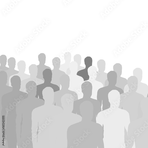 A line of silhouetted men walking in unison against a clean white background, creating a striking visual rhythm. The group moves with purpose, their dark figures contrasting sharply.