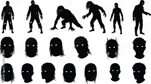 Scary zombie silhouettes and creepy undead heads, horror monster vector set, Halloween horror icons, eerie dark figures with glowing eyes, isolated undead character shapes, zombie apocalypse designs