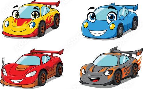 Colorful cartoon racing cars with faces, smiling animated vehicles, kids race car characters, sports car illustration, vector design, isolated clipart, fun children drawing