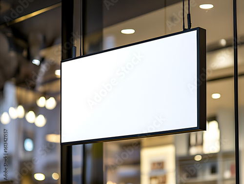 A blank white rectangular sign mockup hanging from the ceiling inside a modern store or office with a blurred background.