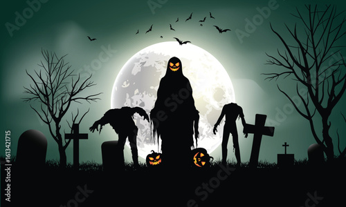 Halloween Scene: Mysterious Ghost Walks in the Graveyard and Awakens Headless Zombies