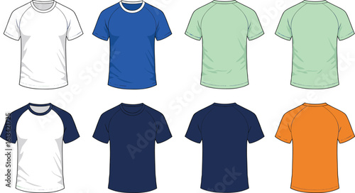 Men’s casual raglan sleeve t-shirt collection, front and back view, vector flat design, sport tee mockup, editable apparel templateMen’s casual raglan sleeve 