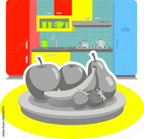 A metaphor for the loss of color in the world. The food (fruits) on the plate is in shades of gray, making it unappetizing and symbolizing the loss of joy, taste for life, and depression.