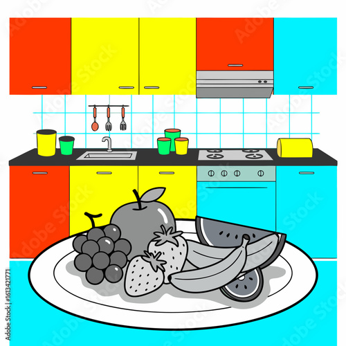 A metaphor for the loss of color in the world. The food (fruits) on the plate is in shades of gray, making it unappetizing and symbolizing the loss of joy, taste for life, and depression.
