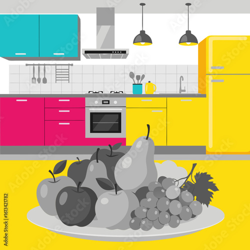 A metaphor for the loss of color in the world. The food (fruits) on the plate is in shades of gray, making it unappetizing and symbolizing the loss of joy, taste for life, and depression.