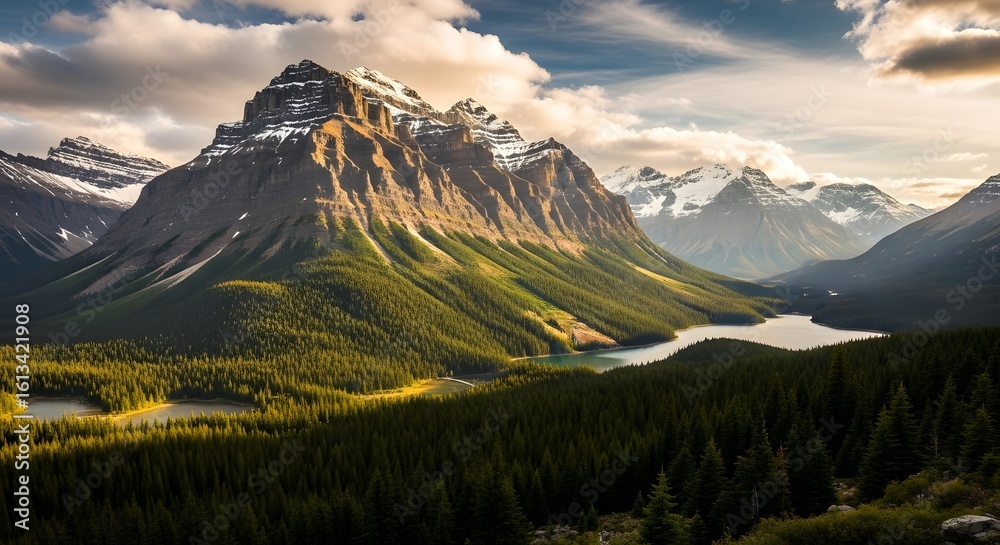 Fototapeta premium Majestic Mountain Range With Snow Capped Peaks And Forested Valley