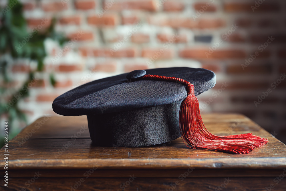 Fototapeta premium Black graduation cap with a red tassel. The cap is sitting on a wooden table