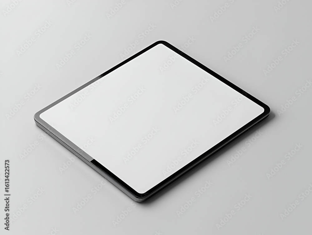 A modern digital tablet with a blank white screen is displayed at an angle on a clean, light gray background. A modern digital tablet with a blank white screen is displayed at an angle on a clean, light gray background.