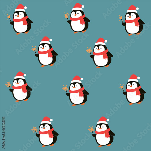 Seamless festive pattern with cute cartoon penguins in Santa hats and red scarves holding sparklers on blue background