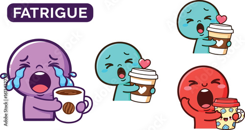 Cartoon characters with coffee expressing emotions like fatigue and happiness
