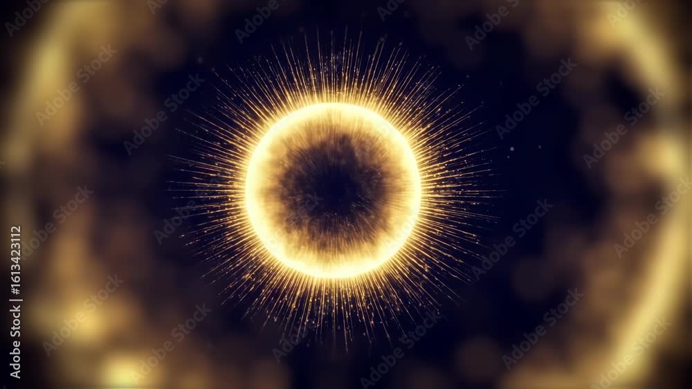 Glowing orb with radiating lines against a dark, smoky background