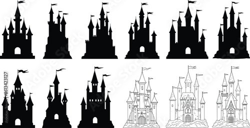 Castle SVG bundle – fairytale and fantasy silhouette clipart set for princess party decor, cricut crafts, and coloring pages