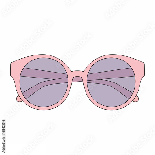 Chic pink sunglasses with oversized round purple lenses in a flat cartoon style.