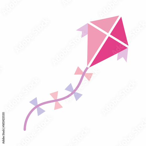 Vibrant pink and purple diamond kite with decorative bow tail flat vector illustration style.
