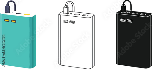 Portable power bank charger vector illustration set for mobile device charging needs