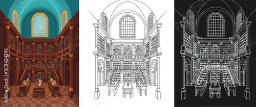 Library illustration vector drawing architecture design interior bookshelf art
