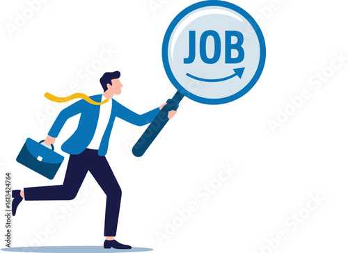 Man Running with Magnifying Glass Searching for Job Opportunities, Career Development, Employment, and Professional Success; Business Concept Vector Illustration
